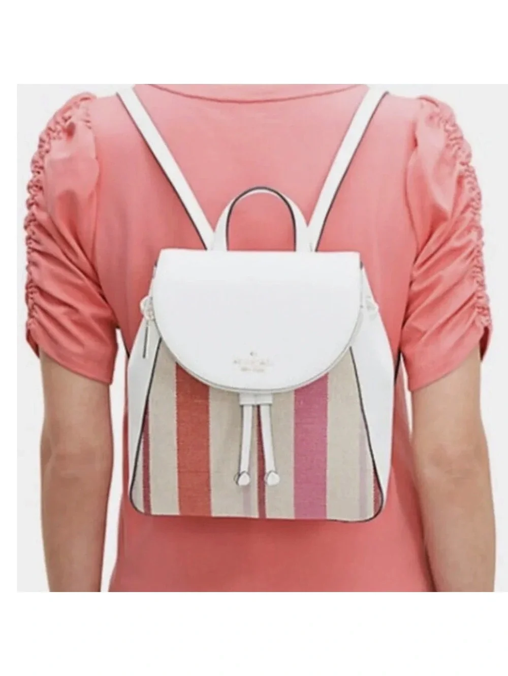 KATE SPADE LEILA LEATHER STRIPE CANVAS MEDIUM FLAP BACKPACK BAG MULTI